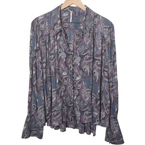 Free People Modern Muse Button Down Long Sleeve Paisley Print‎ Blouse Top Boho